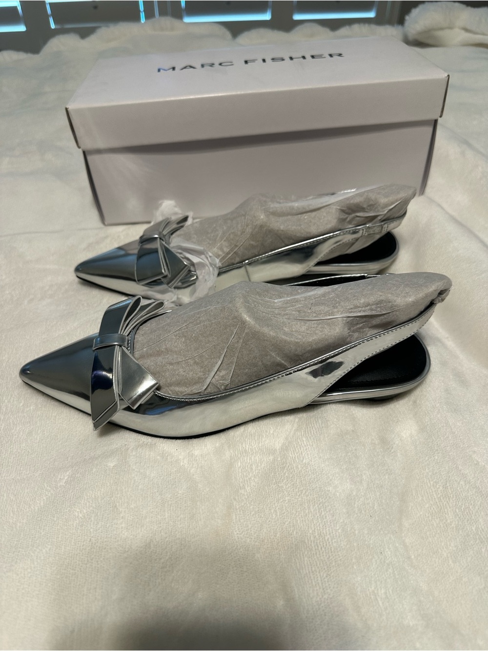 Marc Fisher Metallic Silver Pointed-Toe Bow Slingback Flats